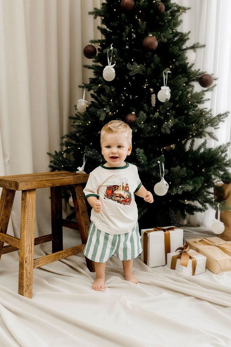 Confetti Kidz Boys Pant Classic Green Stripe Linen Shorts