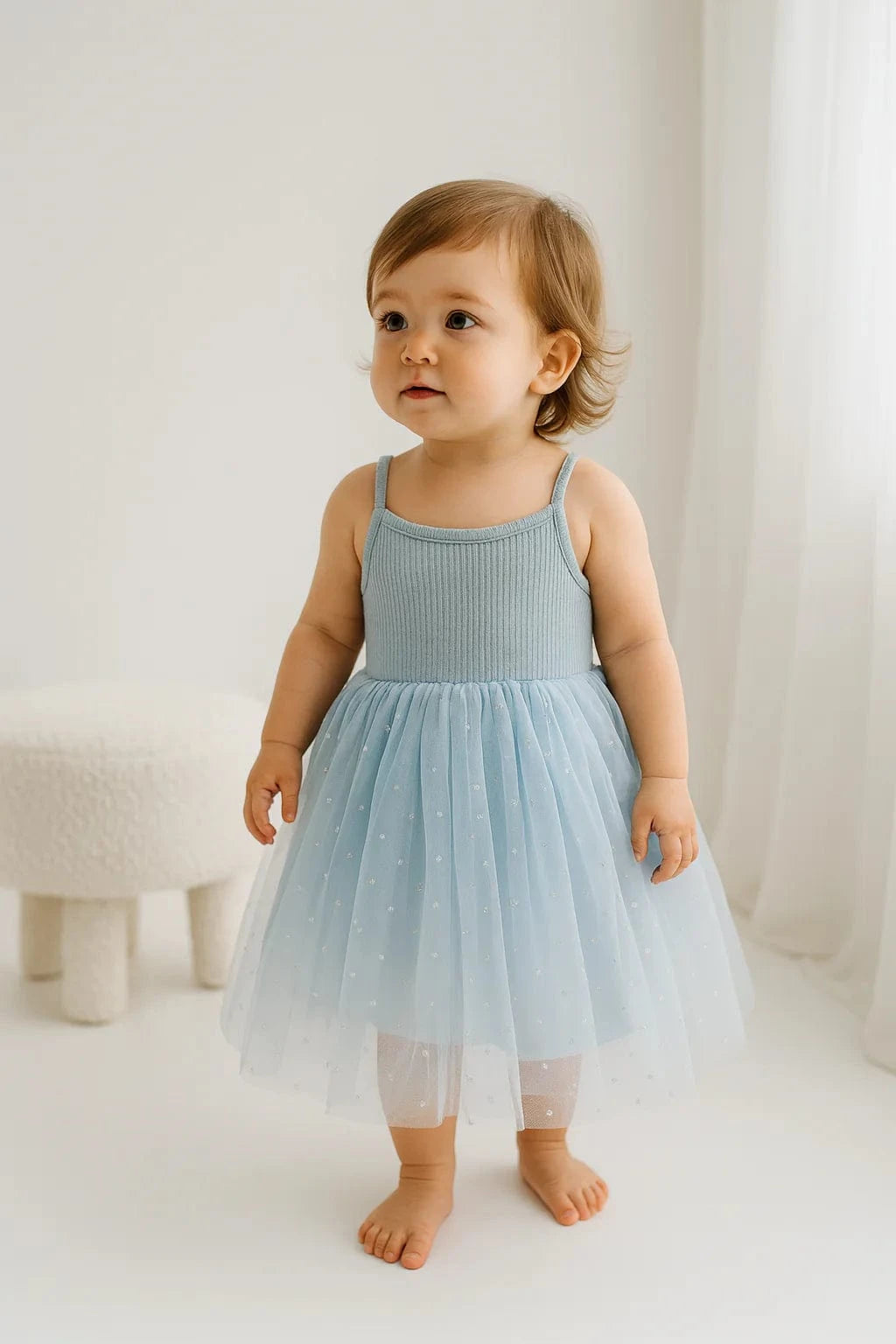 Confetti Kidz Girls Dress 6-12M Ribbed Tulle Dress - Dusty Blue