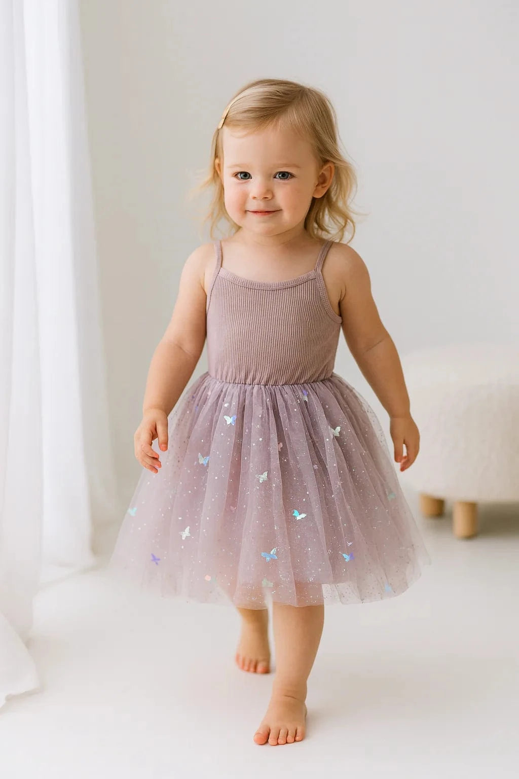 Confetti Kidz Girls Dress 6-12M Ribbed Tulle Dress - Mauve Butterflies