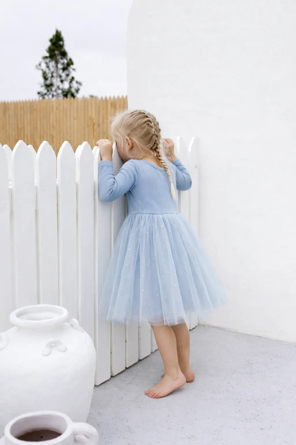 Confetti Kidz Girls Dress Dusty Blue Dots - Long Sleeve Tulle Dress