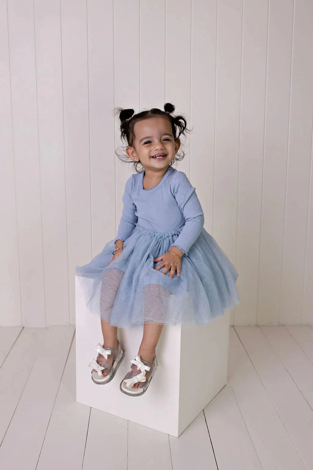 Confetti Kidz Girls Dress L/S Ribbed Tulle Dress - Dusty Blue