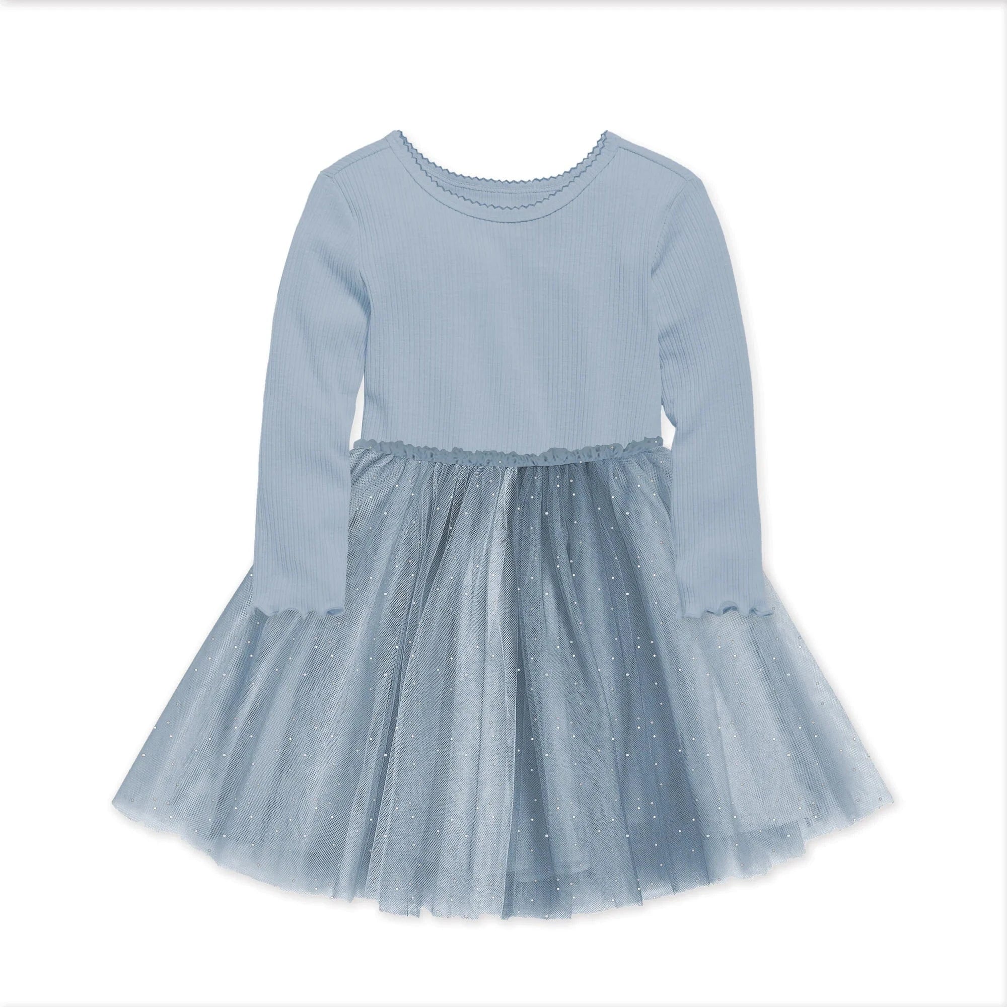 Confetti Kidz Girls Dress L/S Ribbed Tulle Dress - Dusty Blue
