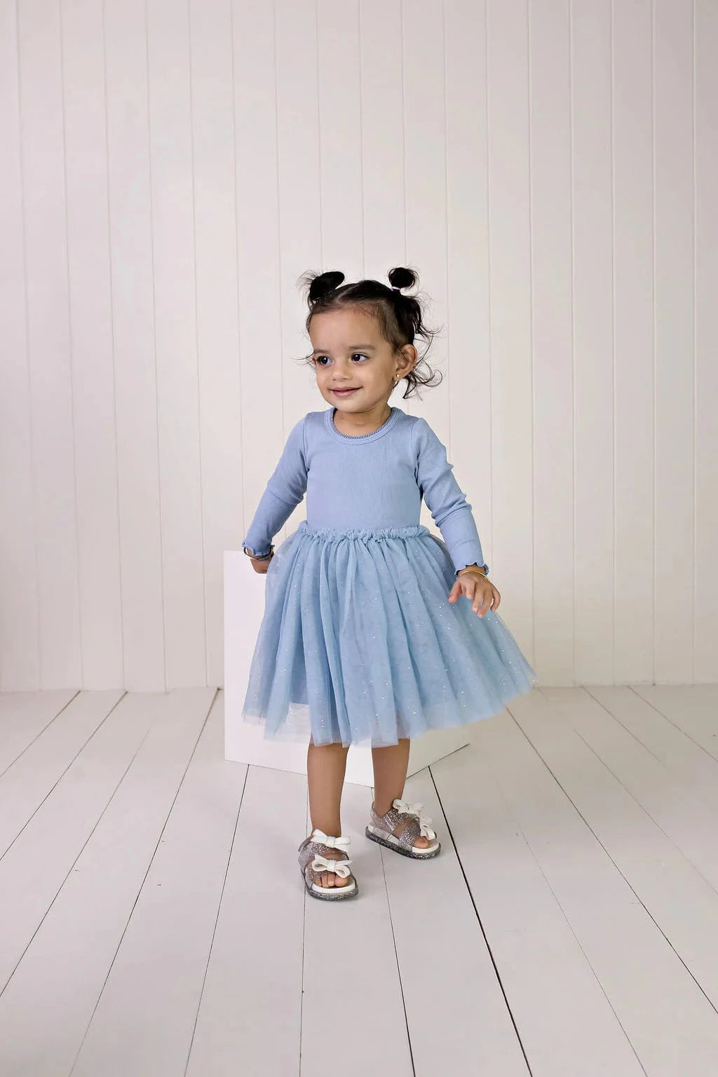 Confetti Kidz Girls Dress L/S Ribbed Tulle Dress - Dusty Blue