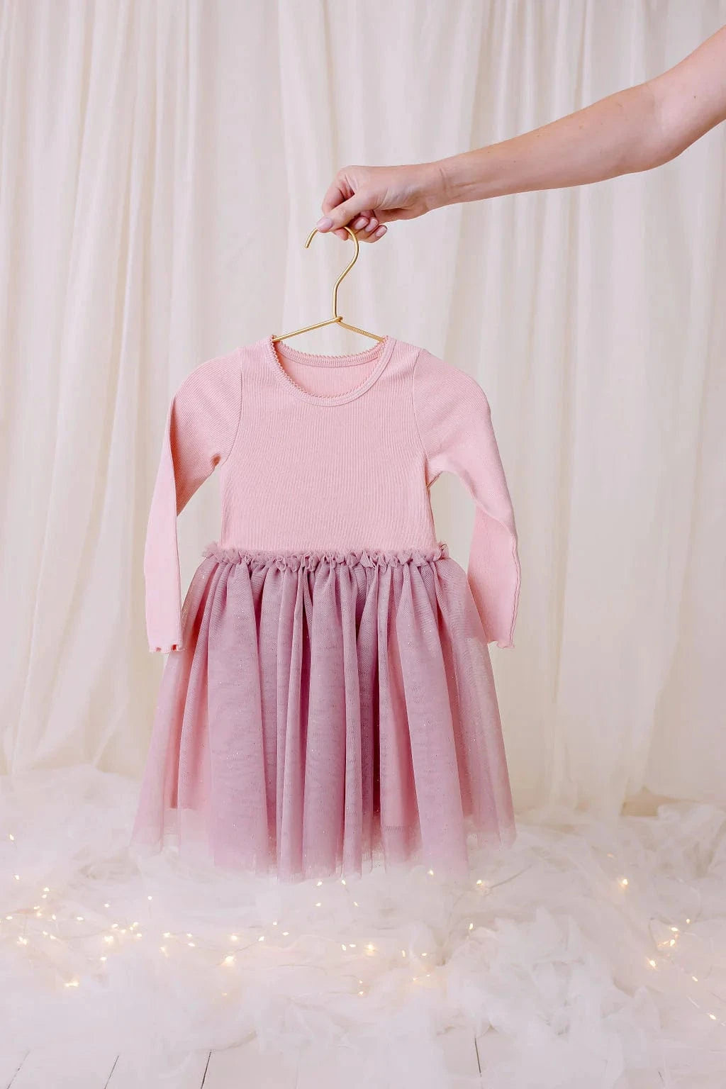 Confetti Kidz Girls Dress L/S Ribbed Tulle Dress - Dusty Pink