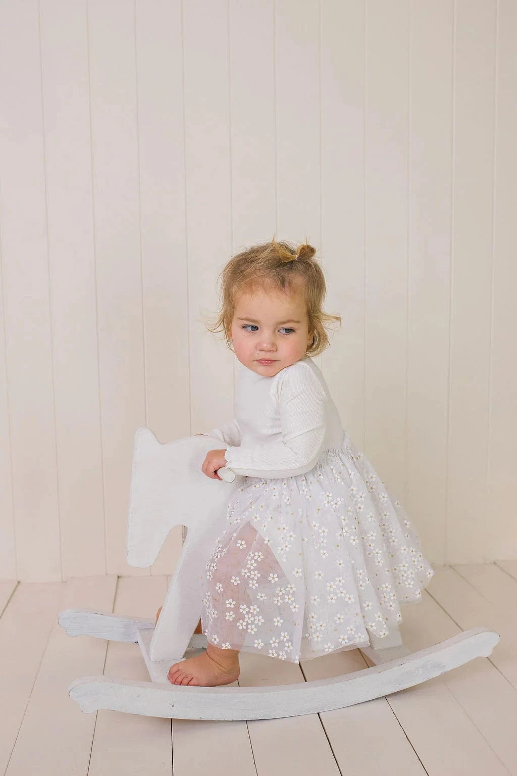 Confetti Kidz Girls Dress L/S Ribbed Tulle Dress - White Daisies