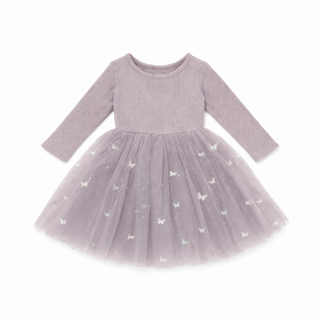 Confetti Kidz Girls Dress Long Sleeve Tulle Dress - Mauve Butterflies