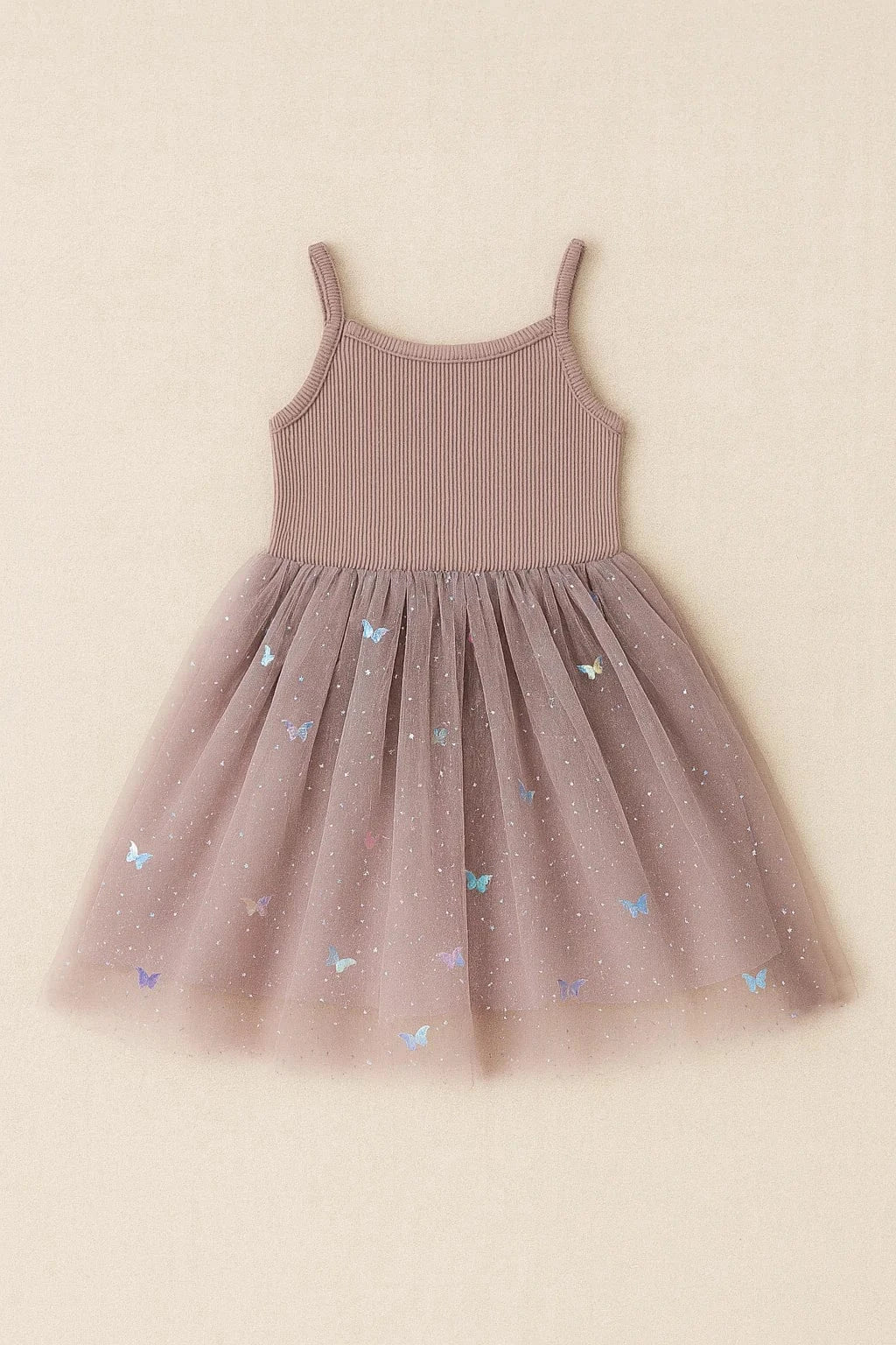 Confetti Kidz Girls Dress Ribbed Tulle Dress - Mauve Butterflies