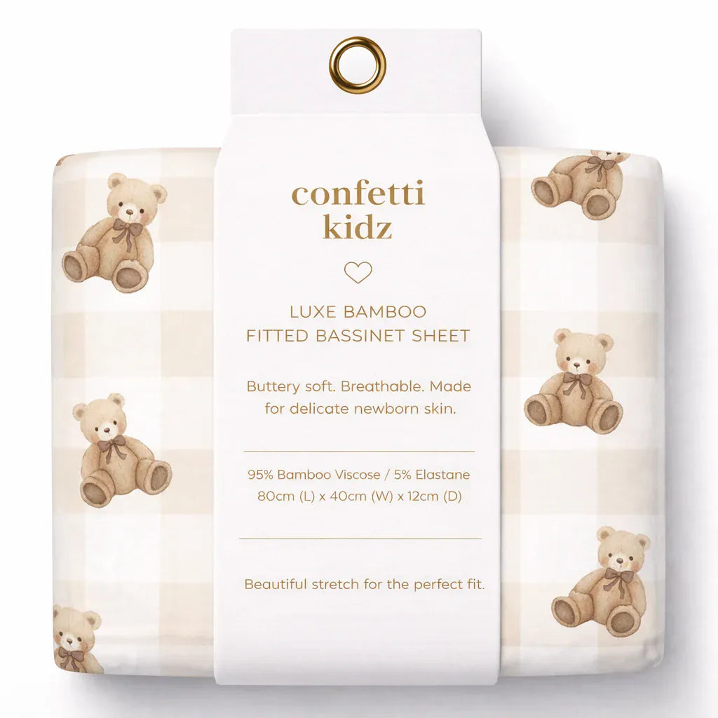 Confetti Kidz Linen Sheets Gingham Teddy Bassinet Sheet/Change Pad Cover