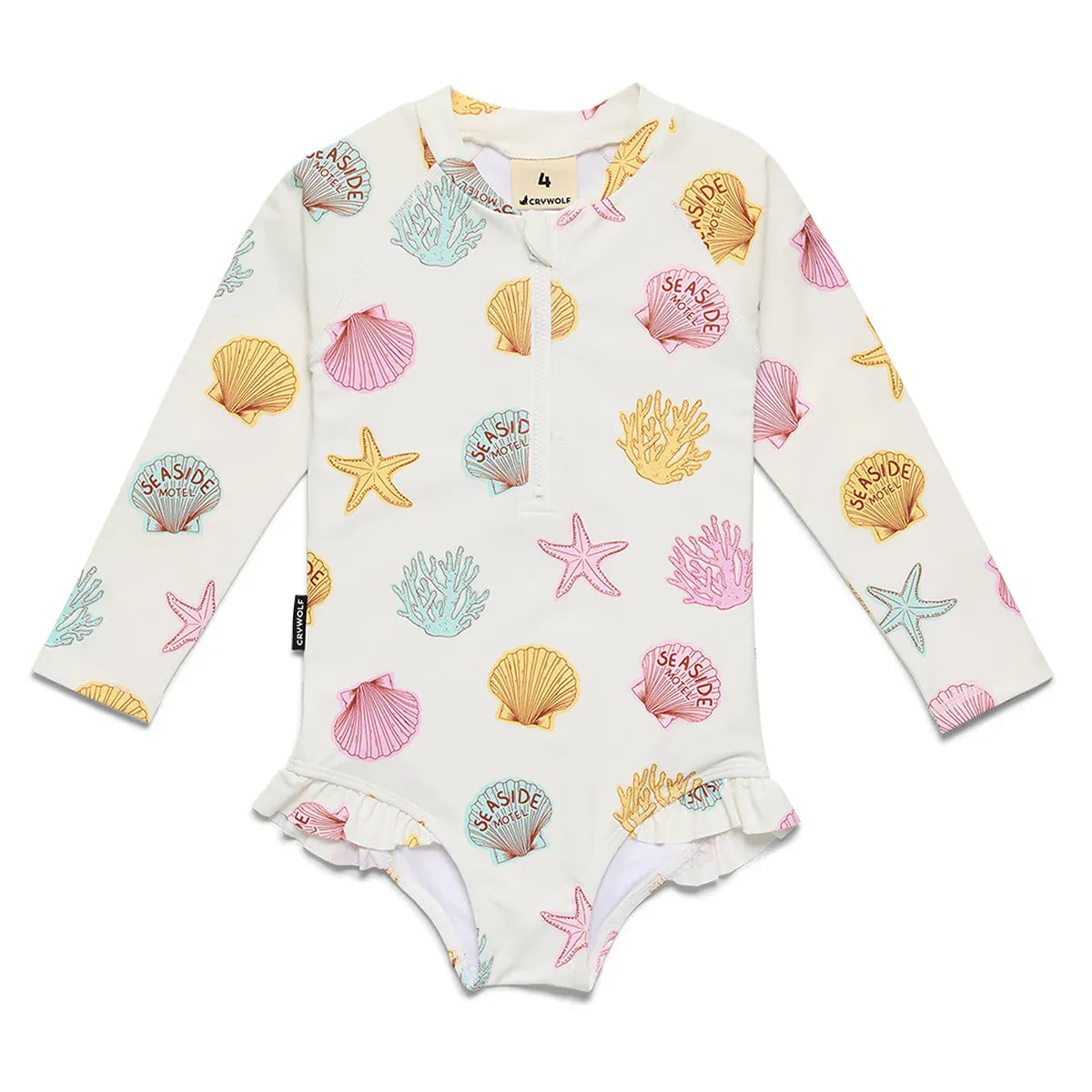 Crywolf Shell long sleeve swimsuit for children, featuring a neutral seashell pattern and full-coverage design