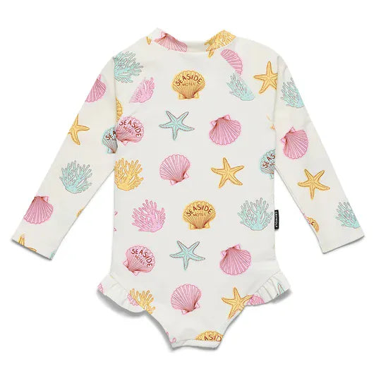 Crywolf Shell long sleeve swimsuit in a neutral shell print, front view