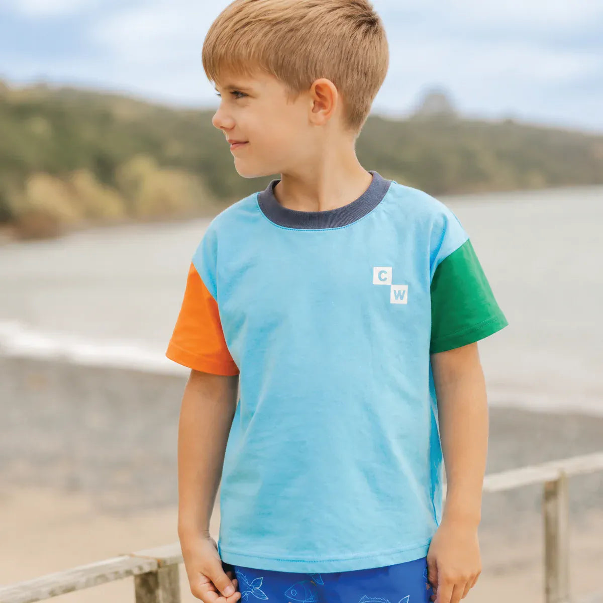 Crywolf Sun Smart T-Shirt in Seaside Colourblock with blue, green, and white contrasting panels, casual summer apparel.