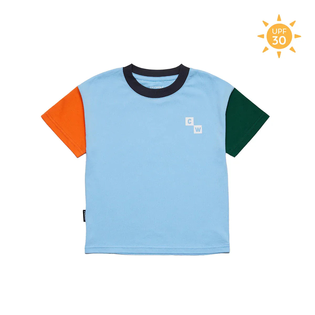 Crywolf Sun Smart T-Shirt Seaside Colourblock featuring blue and white colorblock design, short sleeves, and casual fit.