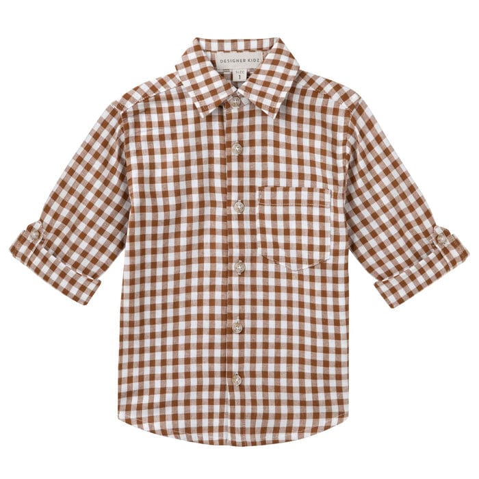 Designer Kidz Boys Tops Oliver L/S Button Shirt- Cocoa Gingham