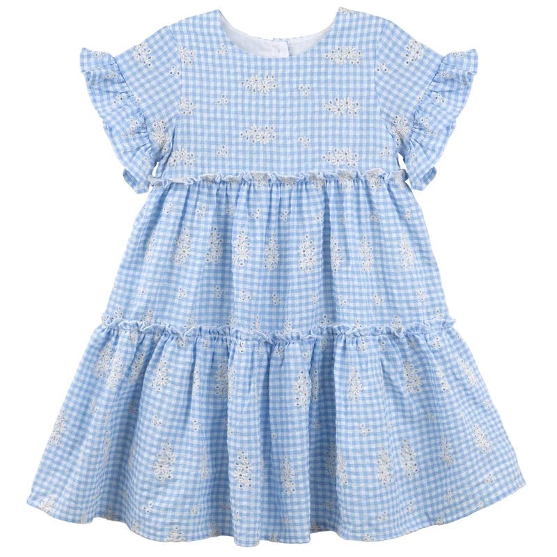 Designer Kidz Girls Dress Alice Embroidered Gingham Dress - Blue