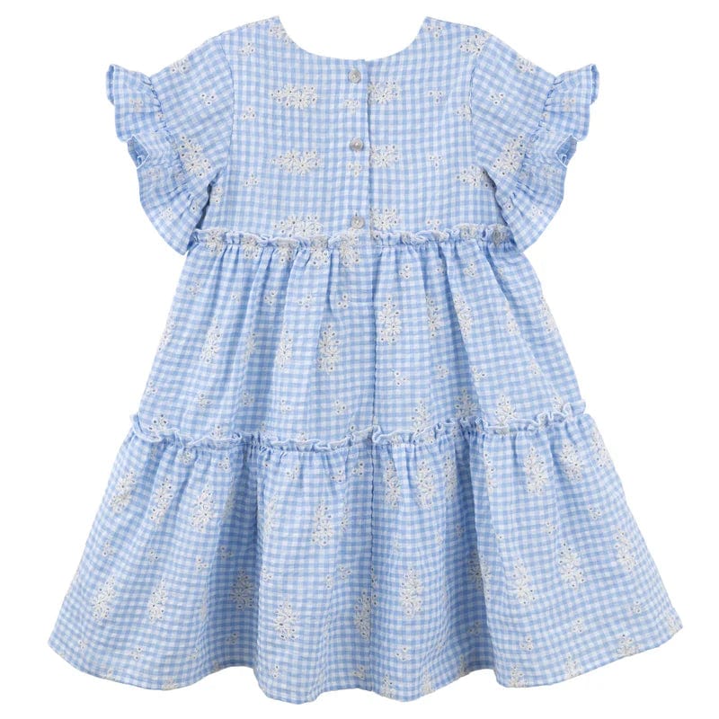 Designer Kidz Girls Dress Alice Embroidered Gingham Dress - Blue