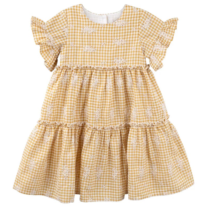 Designer Kidz Girls Dress Alice Embroidered Gingham Dress - Yellow