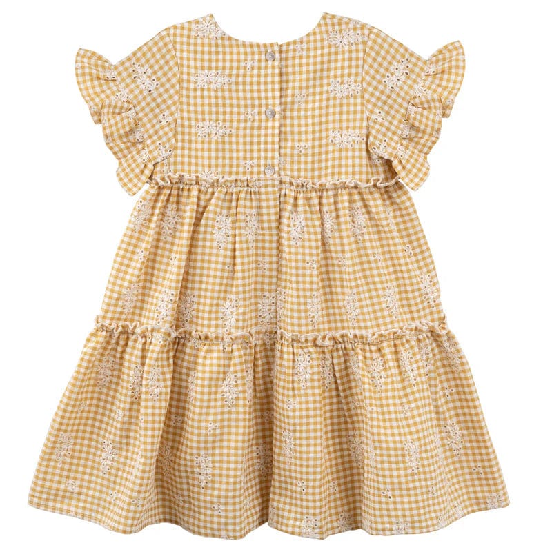 Designer Kidz Girls Dress Alice Embroidered Gingham Dress - Yellow