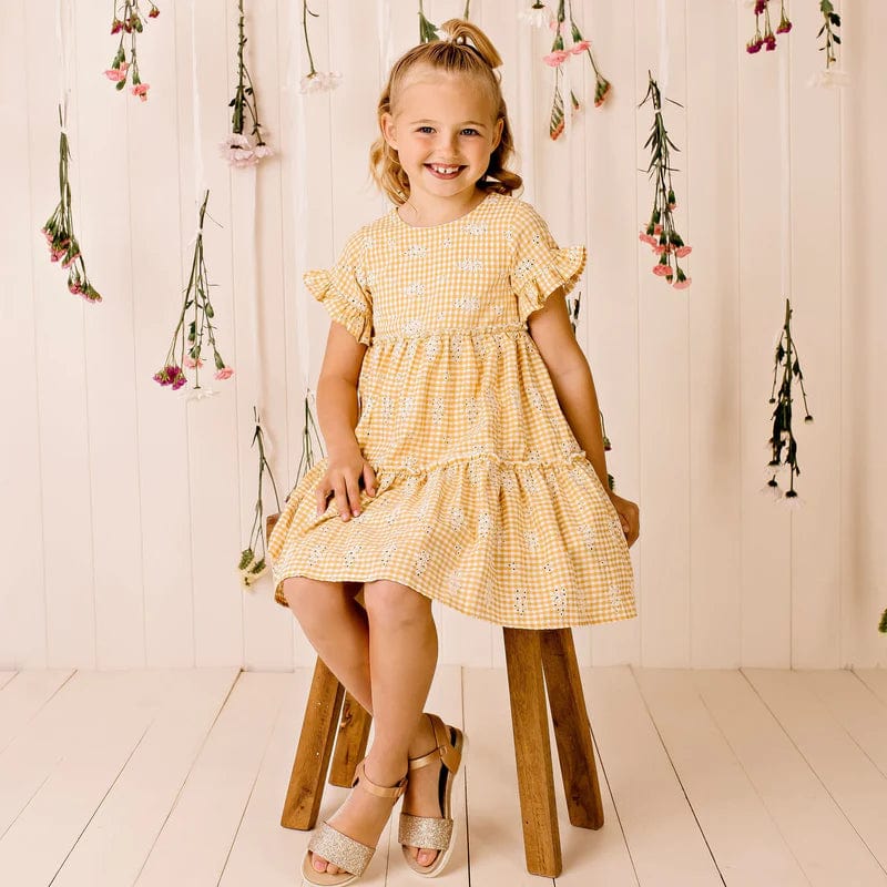 Designer Kidz Girls Dress Alice Embroidered Gingham Dress - Yellow