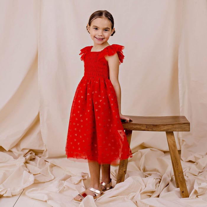 Designer Kidz Girls Dress From The Heart Tulle Dress - Red