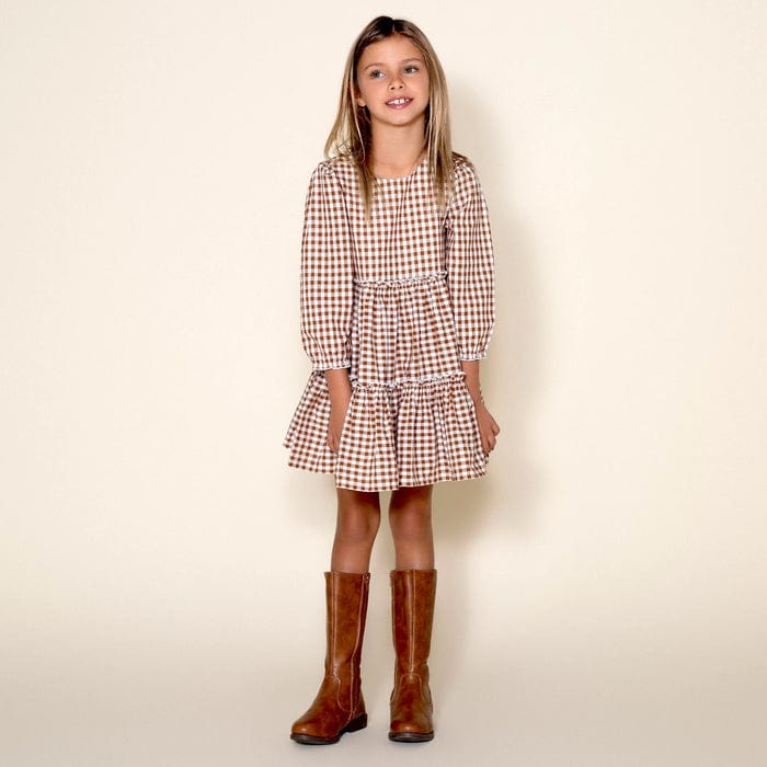 Designer Kidz Girls Dress Gigi Gingham L/S Tiered Dress - Cocoa Gingham