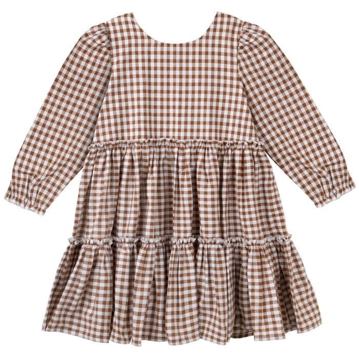 Designer Kidz Girls Dress Gigi Gingham L/S Tiered Dress - Cocoa Gingham