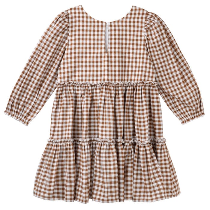 Designer Kidz Girls Dress Gigi Gingham L/S Tiered Dress - Cocoa Gingham