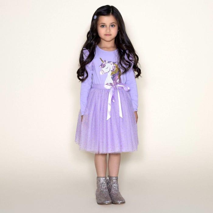 Designer Kidz Girls Dress Unicorn Sequin L/S Tutu Dress - Lavender