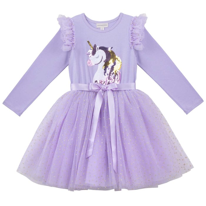 Designer Kidz Girls Dress Unicorn Sequin L/S Tutu Dress - Lavender