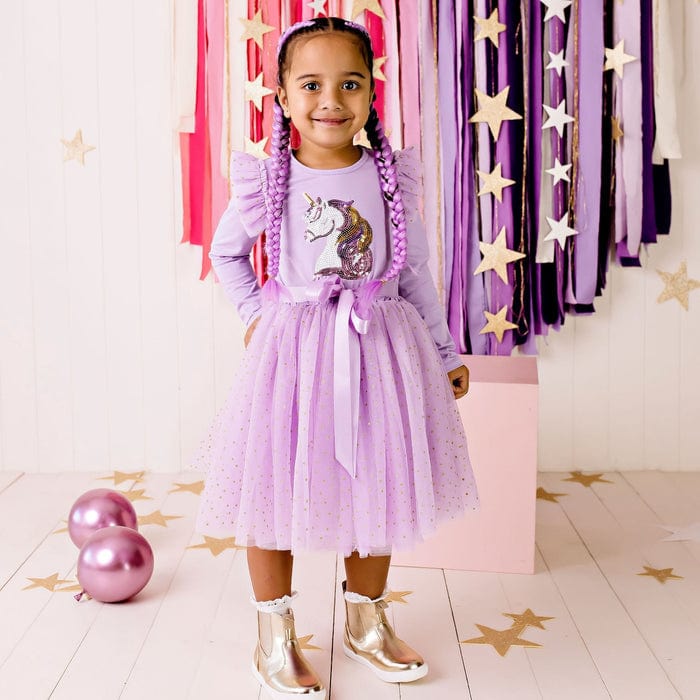 Designer Kidz Girls Dress Unicorn Sequin L/S Tutu Dress - Lavender