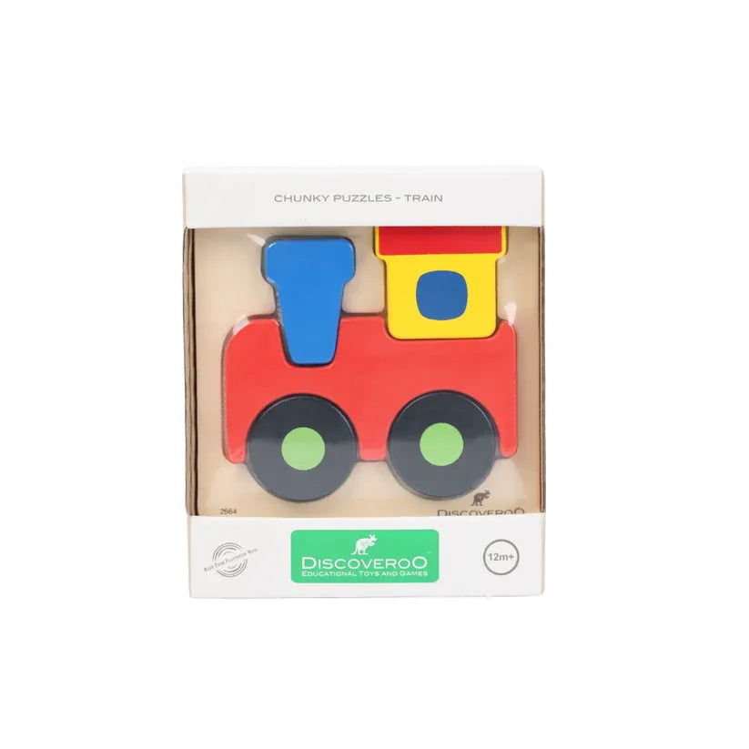 Discoveroo chunky puzzle train toy with colorful interlocking pieces and a sturdy wooden design for creative play.