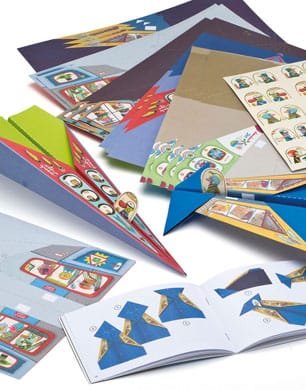 Colorful origami paper planes toy by Djeco, showcasing folded paper planes in vibrant colors on a white background.