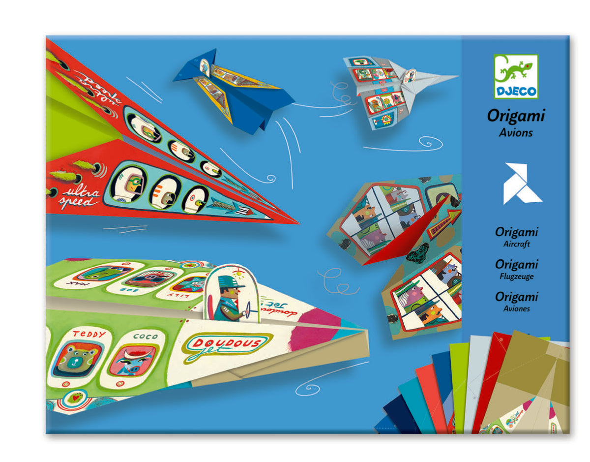 Colorful origami paper planes toy by Djeco, showcasing folded paper aircraft on a white background.