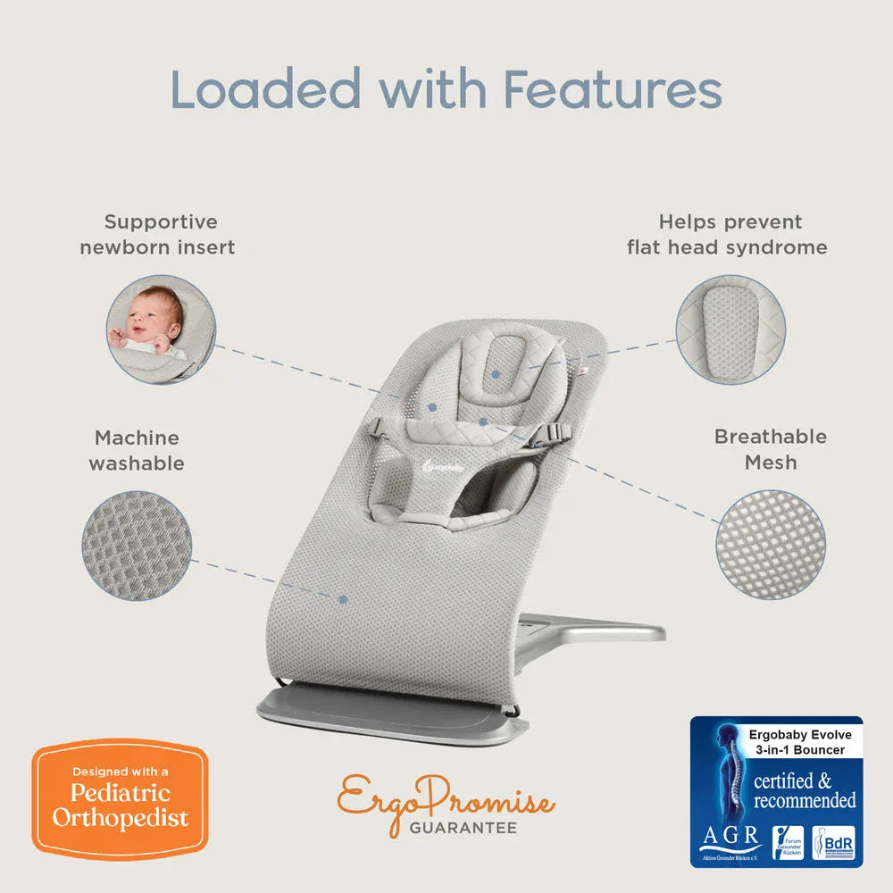 Ergobaby Evolve 3-in-1 mesh nursery bouncer with gray fabric, lightweight frame, and adjustable reclining position.