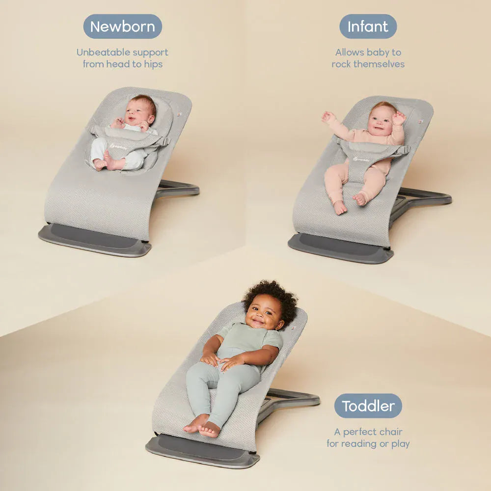 Ergobaby Evolve 3-in-1 Mesh Bouncer in gray, nursery furniture with a mesh seat and adjustable features for infants and toddlers.