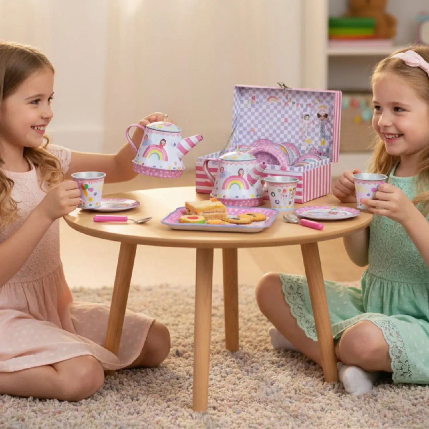Floss & Rock Best Friends musical 9-piece tin tea set for children, featuring colorful toy teapots, cups, and utensils for imaginative play.