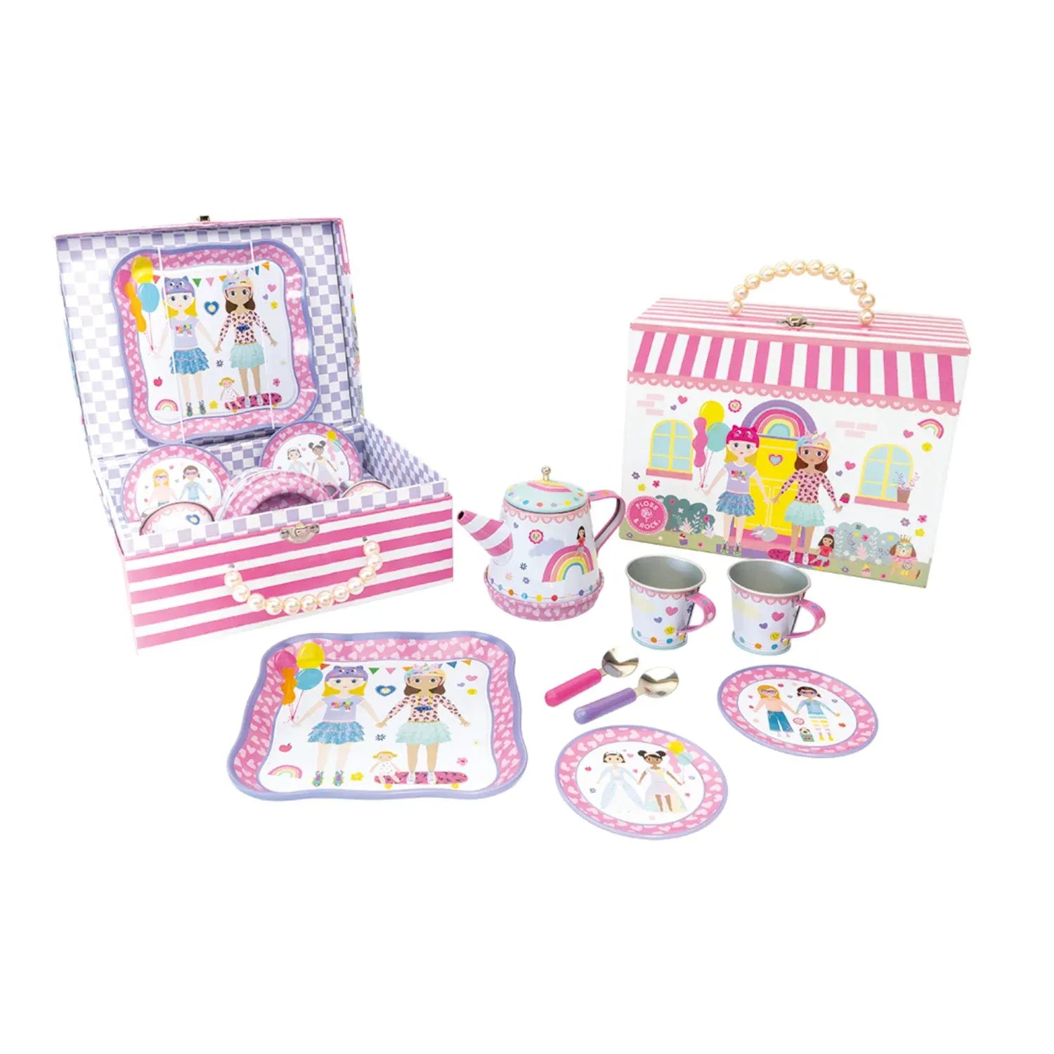Floss & Rock Best Friends musical 9-piece tin tea set for kids, featuring colorful cups, teapot, and utensils for pretend play.
