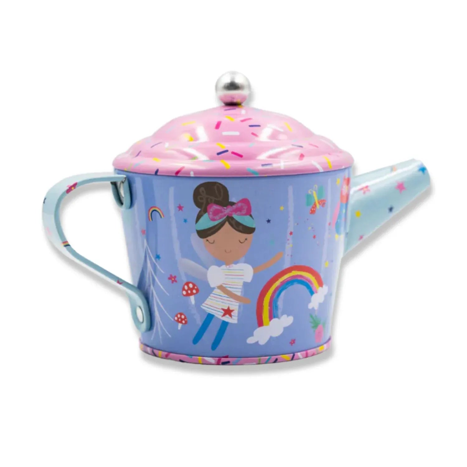 Colorful Rainbow Fairy Tin Tea Set by Floss & Rock with 7 pieces, including cups, saucers, and a teapot for imaginative play.