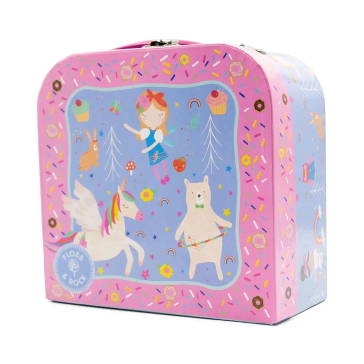 Rainbow Fairy tin tea set with 7 pieces from Floss & Rock, featuring colorful fairy-themed toy dishes and accessories.