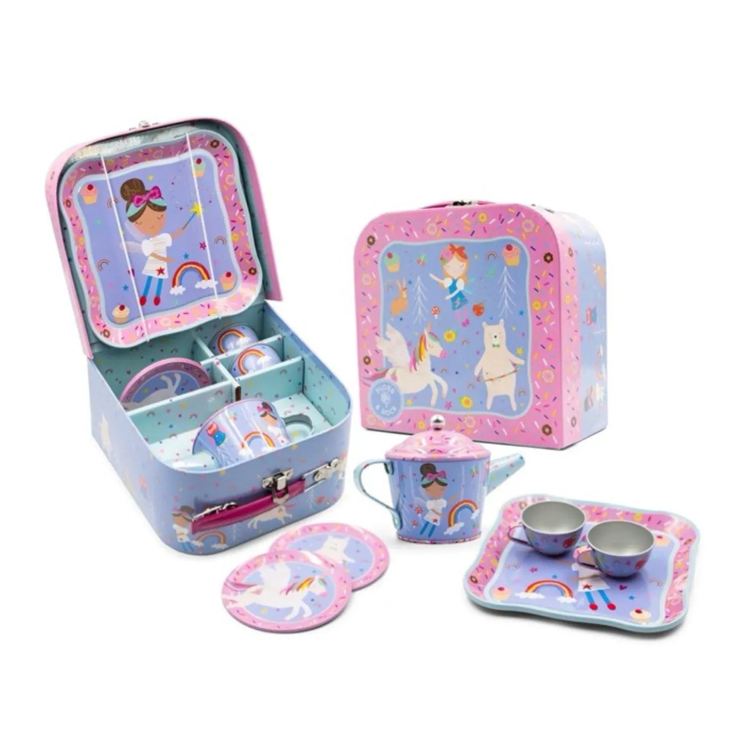 Colorful Rainbow Fairy Tin Tea Set with 7 pieces from Floss & Rock, featuring miniature teapot, cups, and accessories for kids' pretend play.