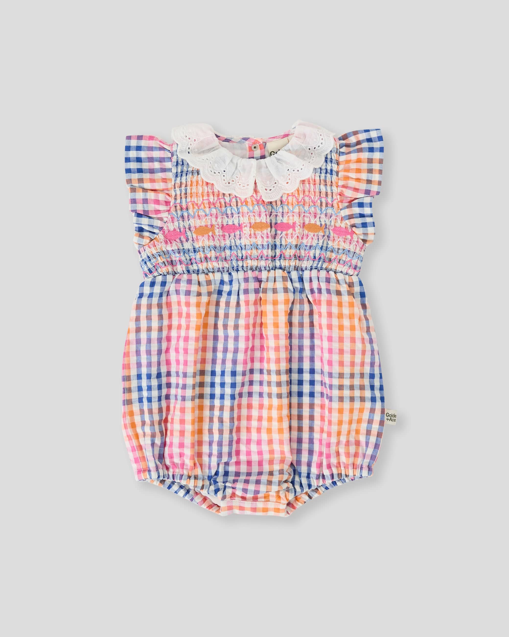 Goldie + Ace Girls All In One 0-3M Rainbow Gingham Lani Smocked Romper
