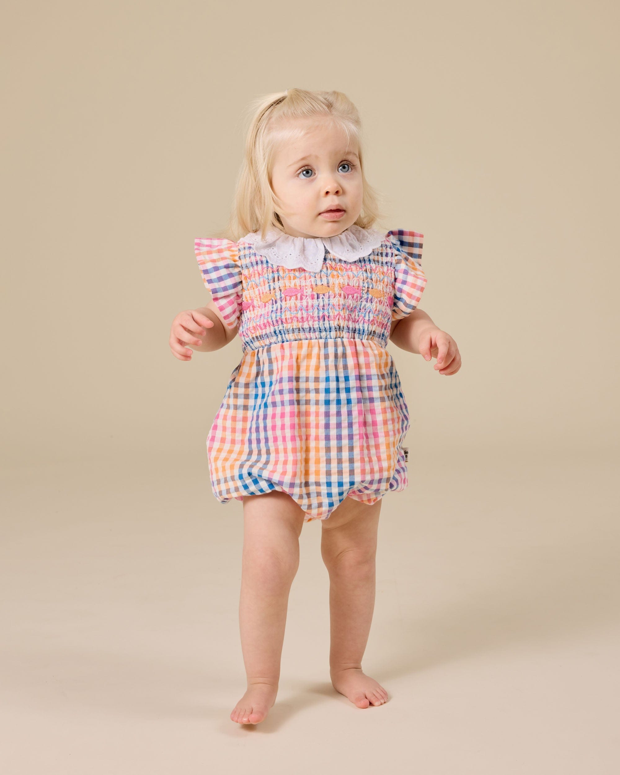 Goldie + Ace Girls All In One Rainbow Gingham Lani Smocked Romper