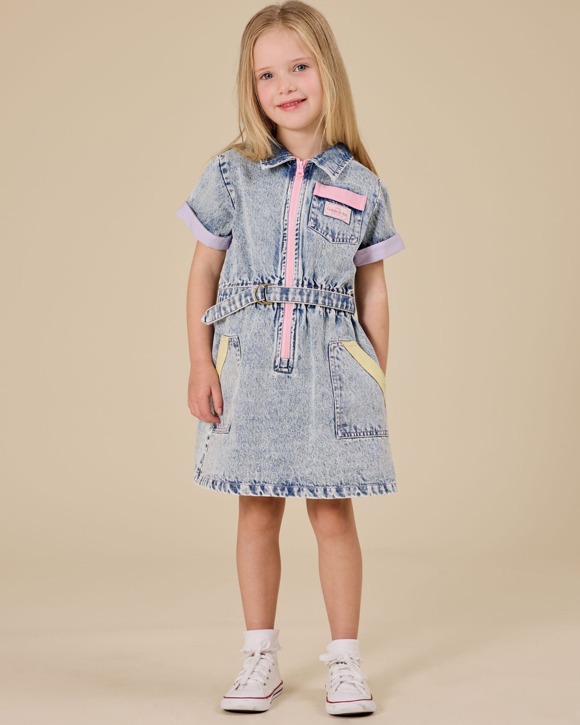 Goldie + Ace Girls Dress Pastel Pop Piper Denim Belted Dress