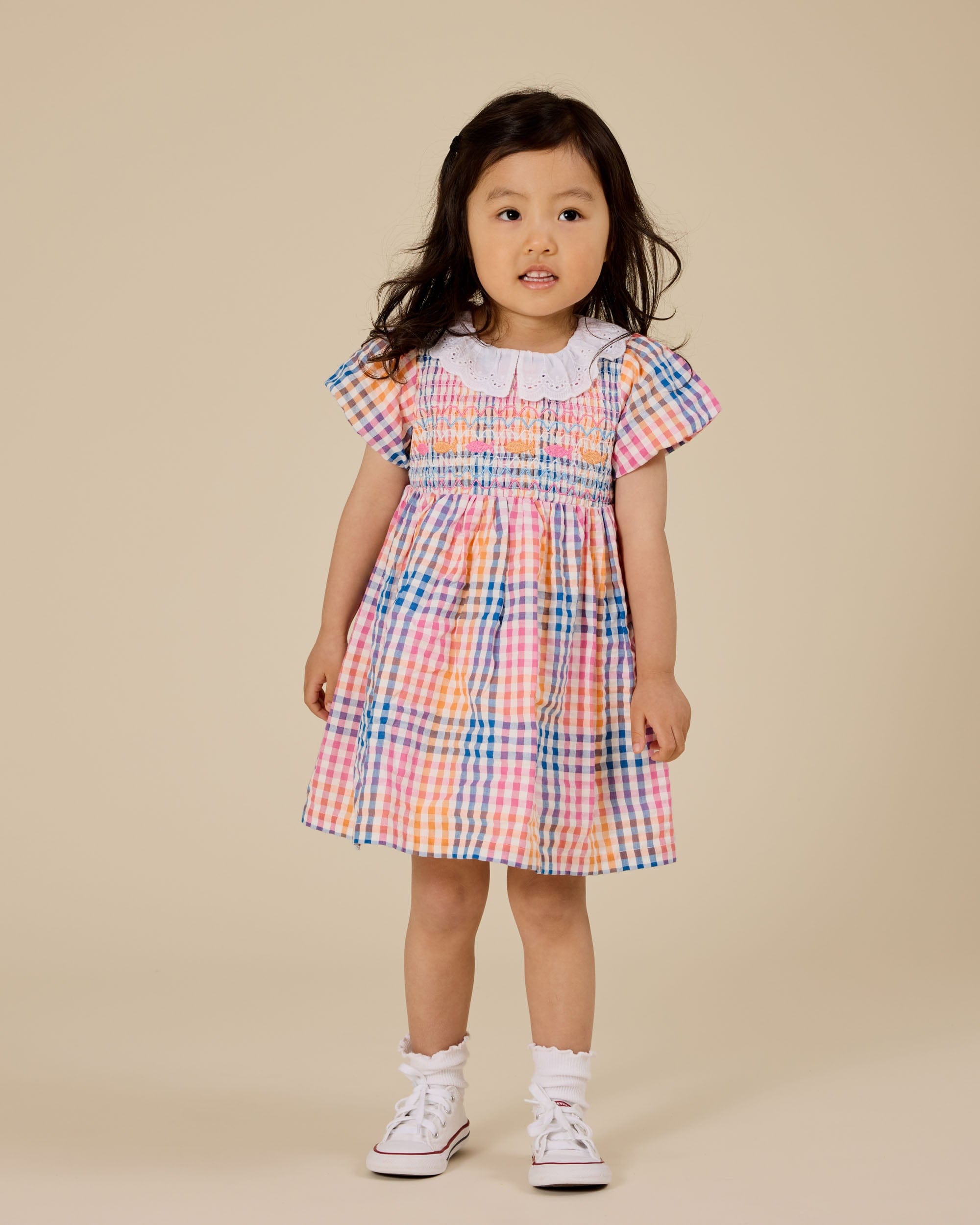 Goldie + Ace Girls Dress Rainbow Gingham Flo Smocked Dress