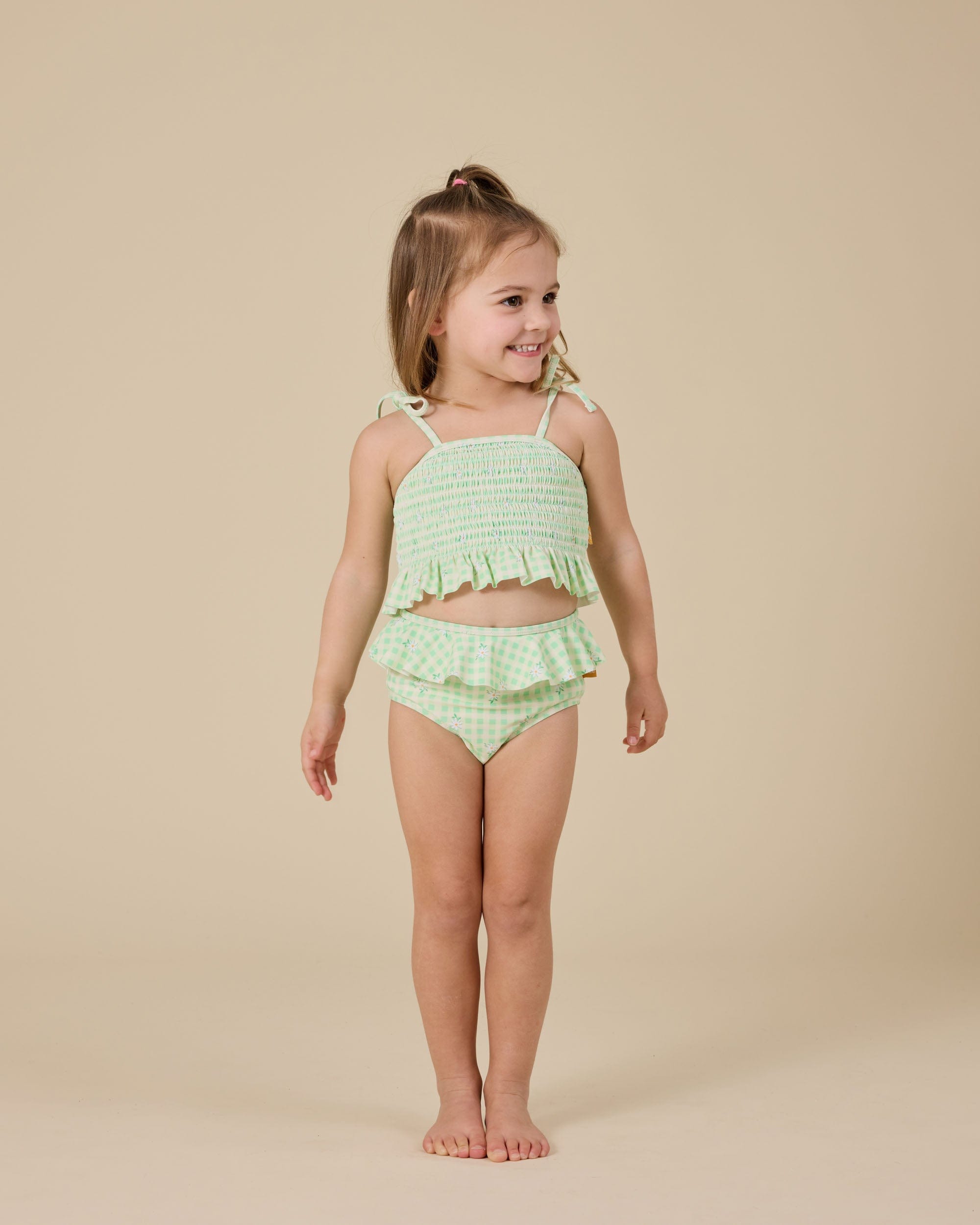 Goldie + Ace Girls Swimwear Gingham Daisy Zip Up Swim Vest & Bikini Bottom 2 Piece Set