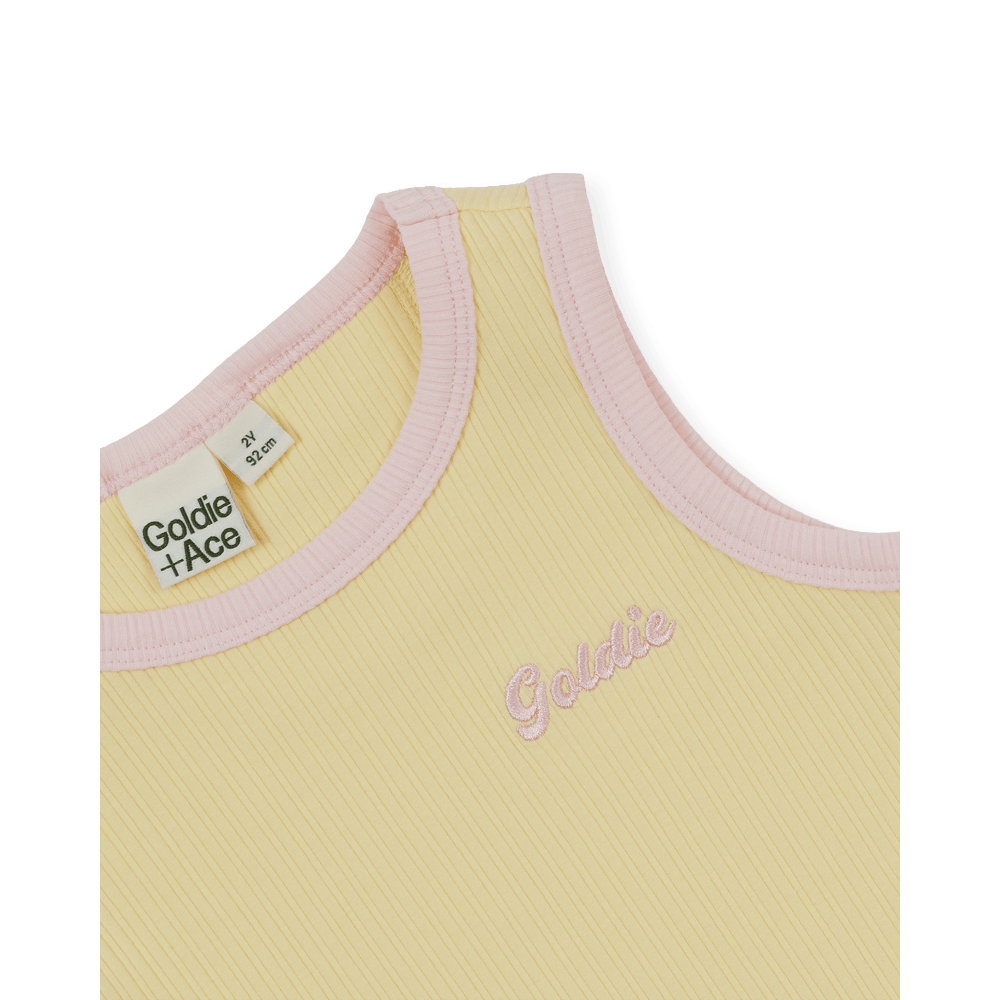 Goldie + Ace Girls Top Embroidered Colour Pop Rib Singlet - Yellow
