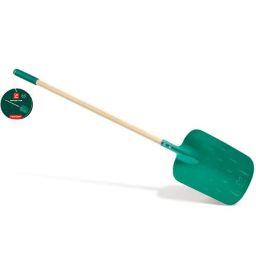 Hape toy garden spade with a wooden handle and plastic scoop for kids' outdoor gardening play