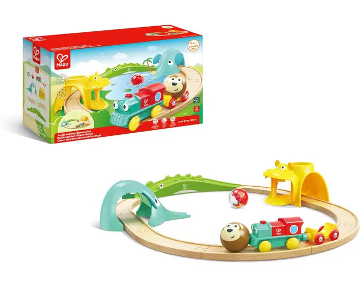 Hape Jungle Animals Railway Set with colorful trains and jungle animal figures for kids' imaginative play.