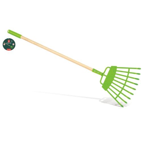 Hape toy lawn rake with colorful plastic tines and handle, perfect for children's outdoor play and gardening fun.
