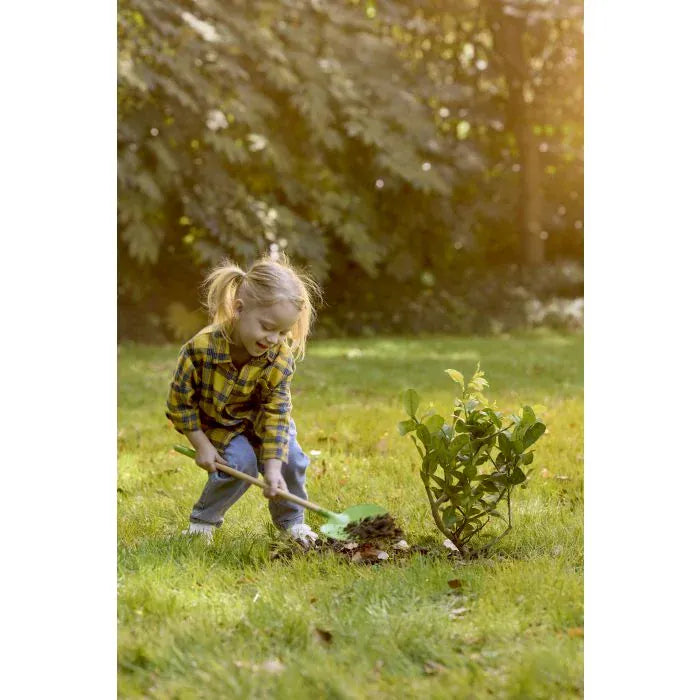 Hape pointed garden shovel toy for kids, with a sturdy handle and pointed metal tip, ideal for outdoor play and gardening activities.