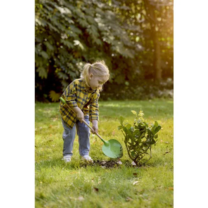 Hape pointed garden shovel toy for kids, plastic handle and blade, ideal for outdoor play and gardening activities.